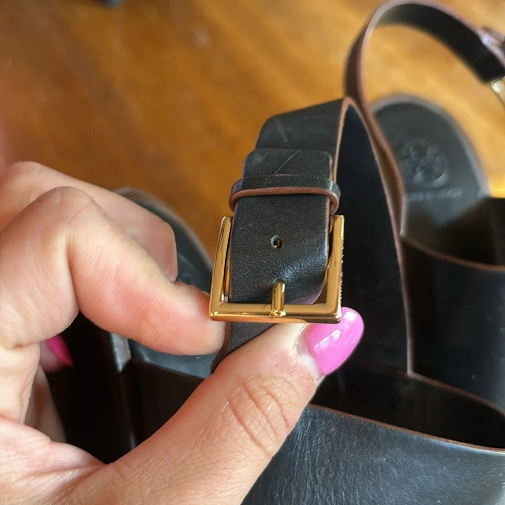 Tory Burch Black Leather Wedge Sandals